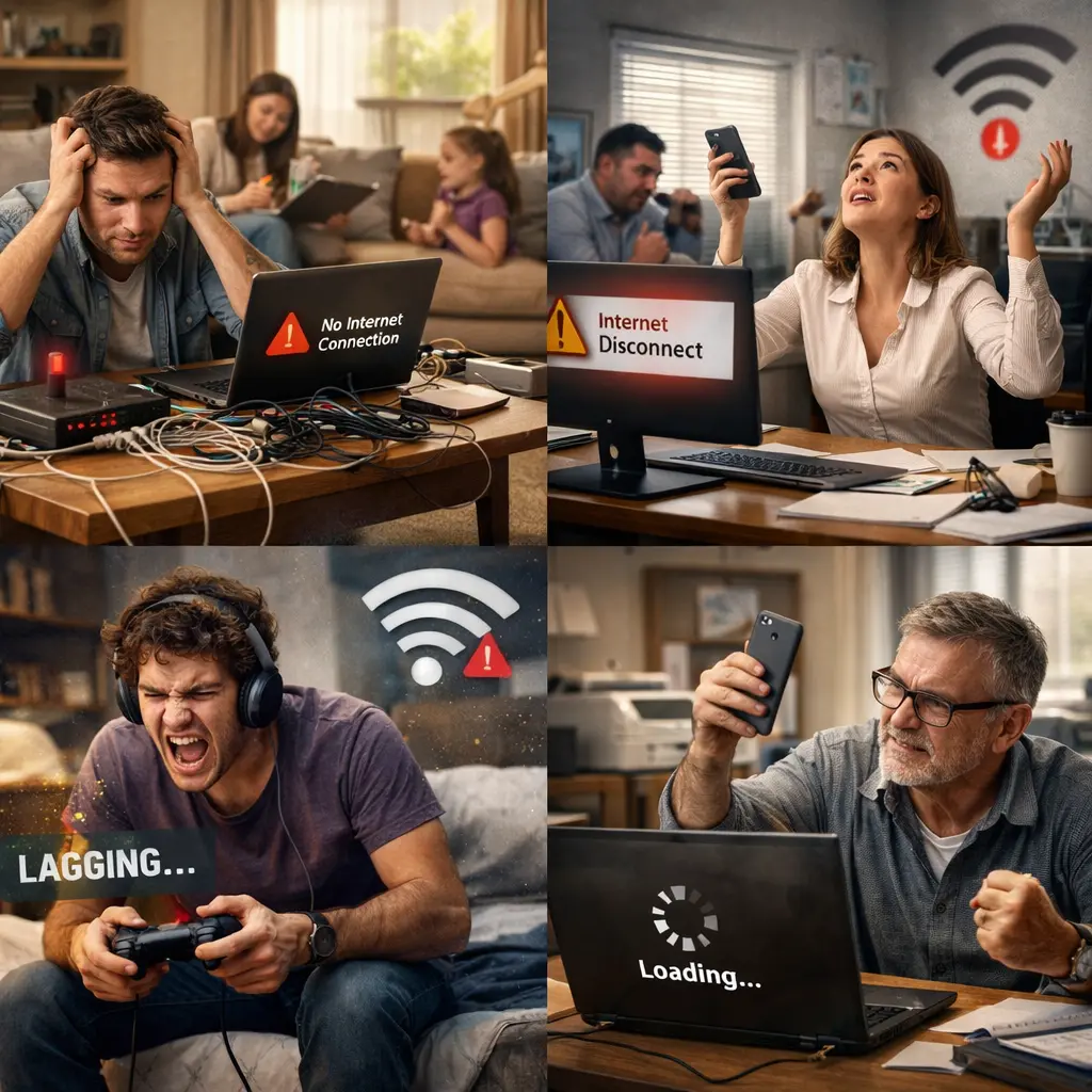 Illustration réaliste des frustrations liées à une connexion Wi-Fi instable à la maison et au travail